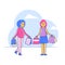 Pregnant best friend walk shopping centre, late gestation period, line woman character hold bag with child clothes