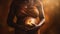A pregnant dark-skinned woman holds her stomach with two hands. The concept of motherhood. Close-up of a pregnant