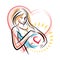 Pregnant elegant woman expects baby, hand-drawn vector illustration composed by heart shape frame. Love and fondle theme. Mothers