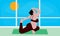 Pregnant European woman stretches the entire body doing Pigeon pose on a yoga mat. Relaxation and exercises in gym class,