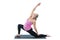 Pregnant fitness woman make stretch on yoga and pilates pose on white background