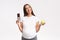 Pregnant Girl Choosing Between Chocolate And Apple Standing, Gray Background