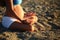 Pregnant girl doing yoga sand beach sea morning