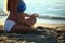 Pregnant girl doing yoga sand beach sea morning