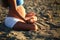 Pregnant girl doing yoga sand beach sea morning