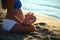 Pregnant girl doing yoga sand beach sea morning