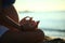 Pregnant girl doing yoga sand beach sea morning