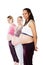 Pregnant group of women in row with belly, stomach and tummy showing for maternity, healthcare and motherhood against a