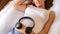 Pregnant headphones music. Pregnancy woman listening to music. Mother belly listen headphones sound. Concept maternity