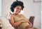 Pregnant, love and portrait of black woman on sofa in home with hope and care for unborn baby. Pregnancy, prenatal