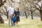 Pregnant mother, father hold hands daughter enjoy nature and walk in spring blooming park. Young family spending time