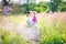 Pregnant mother and her toddler walking in meadow