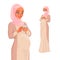 Pregnant Muslim woman using mobile phone. Vector illustration.