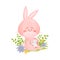 Pregnant pink cartoon hare. Vector illustration on a white background.