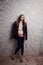 Pregnant skinny women model in business office style cloth topless