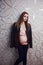 Pregnant skinny women model in business office style cloth topless