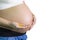 Pregnant woman 40 weeks holding folic acid vitamin medicine on h