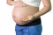 Pregnant woman 40 weeks holding folic acid vitamin medicine on h