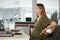 Pregnant, woman and back pain in office with tired, burnout and relax with eyes closed at desk or table. Person