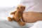 Pregnant woman belly closeup with baby toy teddy bear plush. Skincare, stretch mark, common skin problems of pregnancy