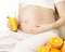 Pregnant Woman Belly Drinking Orange Juice. Pregnancy Healthy Nu