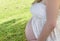 Pregnant woman belly outdoors with grass in the background