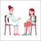 Pregnant woman at checkup with doctor in flat vector illustration.