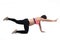 Pregnant woman doing floor exercises on white background