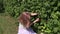 Pregnant woman eats raspberry berry from bush twig in garden