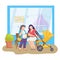 Pregnant woman friend dialogue with young mother, female sitting bench hold baby carriage cartoon vector illustration