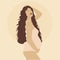 Pregnant woman, future mom, standing in nature and hugging belly with arms. Long brown hair, Flat vector illustration