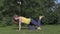 Pregnant woman girl sport exercise during pregnancy. Leg rising