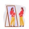 Pregnant Woman With Hands On Belly Looks At Herself In Mirror. Her Reflection Shows A Beautiful, Glowing Woman