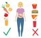 Pregnant woman, healthy and unhealthy food, vector.