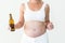 Pregnant woman holding cigarette and beer bottle