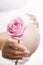 Pregnant woman holding pink rose