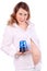 Pregnant woman holds blue flasher