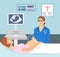 Pregnant woman lying on the couch. Vector illustration of a pregnant doing ultrasonography. The doctor makes uzi