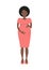 Pregnant woman in a pink dress. Cute black woman holds her hands on her stomach