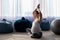 Pregnant woman practice yoga. A woman in the third trimester leads Pilates. Classes to prepare for childbirth. Waiting