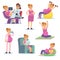 Pregnant woman. Pregnancy female diet eating drinking sitting doing exercises, cartoon vector characters