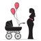 Pregnant woman silhouette with baby carriage