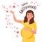 A pregnant woman smiles and touches her stomach. Expecting a baby. Pregnancy. Happy motherhood. Vector illustration
