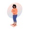 Pregnant woman standing on scales and checking weight. Pregnancy weight gain. Unhappy african american future mother. Flat vector