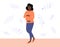 Pregnant woman stands full height, smiles and touches belly. Happy pregnancy concept. African american expectant mother walking.