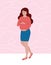 Pregnant woman stands full height, smiles and touches belly. Happy pregnancy concept. Vector flat illustration