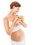 Pregnant woman, teddy bear and happy pregnancy stomach with a mother excited about motherhood. Child toy, mothers love