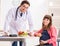 Pregnant woman visiting doctor discussing healthy diet