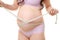 Pregnant woman wearing purple underwear measuring her stomach