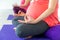 Pregnant women are doing yoga and maditition in yoga class, Healthy prenatal lifestyle